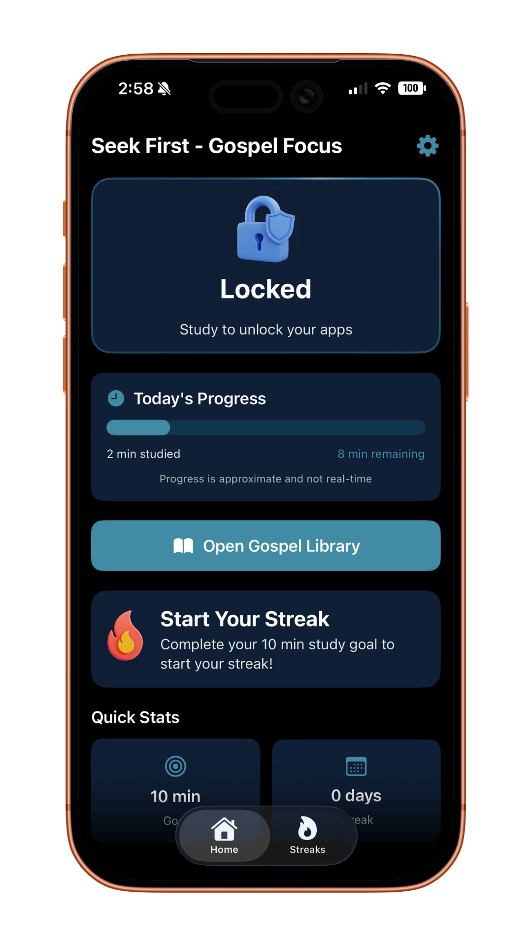 Seek First app showing locked status — study to unlock your apps